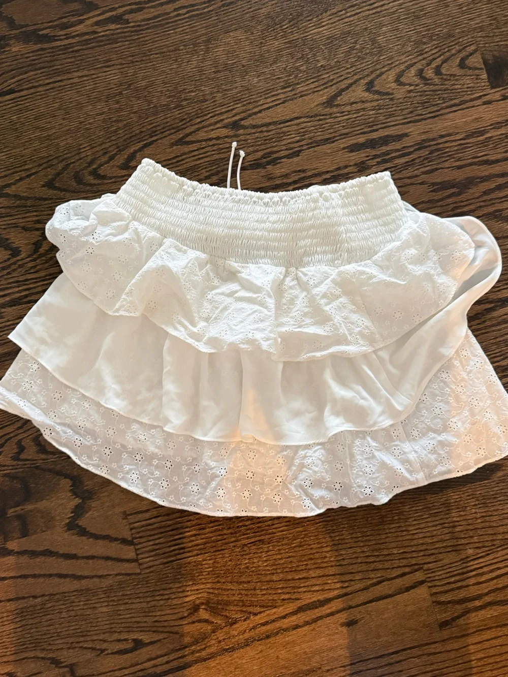 For Love & Lemons White Asymmetrical Eyelet Ruffle Mini Skirt